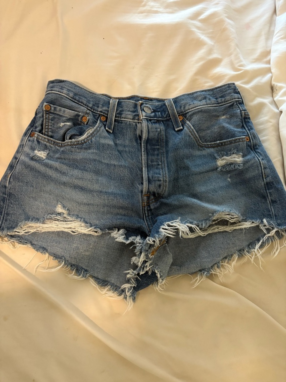 Levi's Ripped High-Rise Denim Shorts - Light Blue